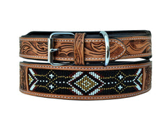 Western Style Beaded and Tooled Leather Dog Collar With Padded Soft Lining 10AB001