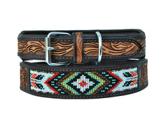 Western Style Beaded and Tooled Leather Dog Collar With Padded Soft Lining 10AB003