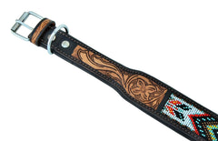 Western Style Beaded and Tooled Leather Dog Collar With Padded Soft Lining 10AB003