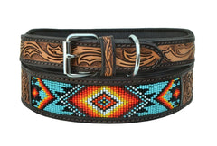 Western Style Beaded and Tooled Leather Dog Collar With Padded Soft Lining 10AB004