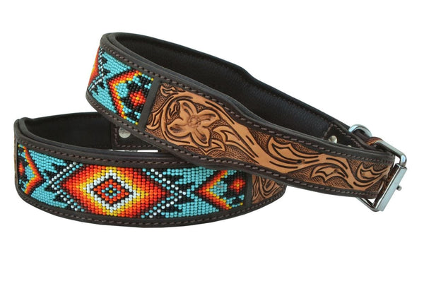 Western Style Beaded and Tooled Leather Dog Collar With Padded Soft Lining 10AB004