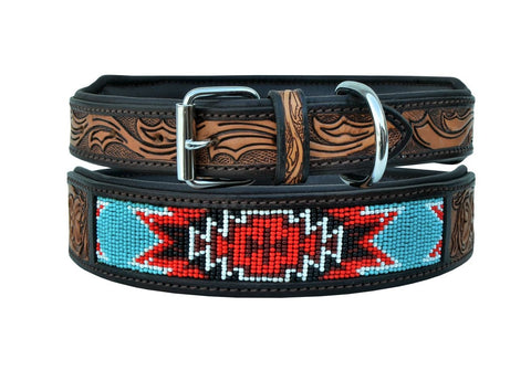 Western Style Beaded and Tooled Leather Dog Collar With Padded Soft Lining 10AB008