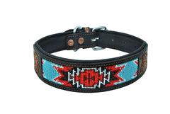 Western Style Beaded and Tooled Leather Dog Collar With Padded Soft Lining 10AB008