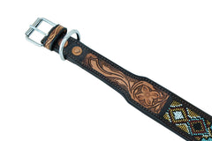 Western Style Beaded and Tooled Leather Dog Collar With Padded Soft Lining 10AB018