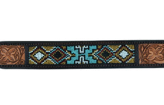 Western Style Beaded and Tooled Leather Dog Collar With Padded Soft Lining 10AB018