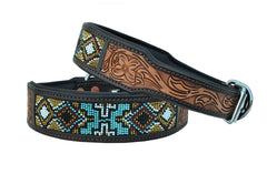 Western Style Beaded and Tooled Leather Dog Collar With Padded Soft Lining 10AB018