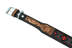 Western Style Beaded and Tooled Leather Dog Collar With Padded Soft Lining 10AB005