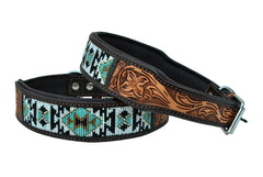 Western Style Beaded and Tooled Leather Dog Collar With Padded Soft Lining 10AB006