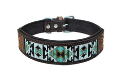 Western Style Beaded and Tooled Leather Dog Collar With Padded Soft Lining 10AB006