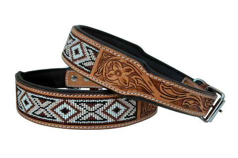 Western Style Beaded and Tooled Leather Dog Collar With Padded Soft Lining 10AB007