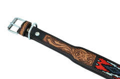 Western Style Beaded and Tooled Leather Dog Collar With Padded Soft Lining 10AB010