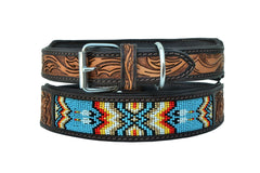 Western Style Beaded and Tooled Leather Dog Collar With Padded Soft Lining 10AB011