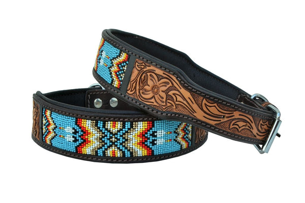 Western Style Beaded and Tooled Leather Dog Collar With Padded Soft Lining 10AB011