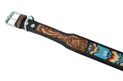 Western Style Beaded and Tooled Leather Dog Collar With Padded Soft Lining 10AB011