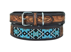 Western Style Beaded and Tooled Leather Dog Collar With Padded Soft Lining 10AB012