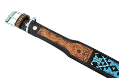 Western Style Beaded and Tooled Leather Dog Collar With Padded Soft Lining 10AB012