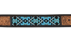 Western Style Beaded and Tooled Leather Dog Collar With Padded Soft Lining 10AB012