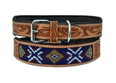 Western Style Beaded and Tooled Leather Dog Collar With Padded Soft Lining 10AB014