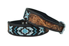 Western Style Beaded and Tooled Leather Dog Collar With Padded Soft Lining 10AB015