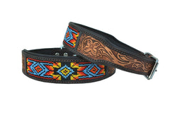 Western Style Beaded and Tooled Leather Dog Collar With Padded Soft Lining 10AB013