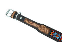 Western Style Beaded and Tooled Leather Dog Collar With Padded Soft Lining 10AB013