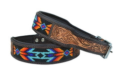 Western Style Beaded and Tooled Leather Dog Collar With Padded Soft Lining 10AB016