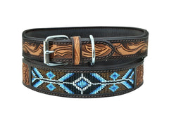 Western Style Beaded and Tooled Leather Dog Collar With Padded Soft Lining 10AB017