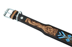 Western Style Beaded and Tooled Leather Dog Collar With Padded Soft Lining 10AB017