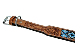 Western Style Beaded and Tooled Leather Dog Collar With Padded Soft Lining 10AB020