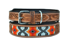 Western Style Beaded and Tooled Leather Dog Collar With Padded Soft Lining 10AB021