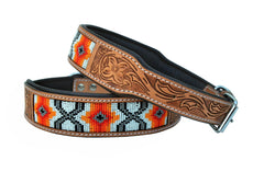 Western Style Beaded and Tooled Leather Dog Collar With Padded Soft Lining 10AB021