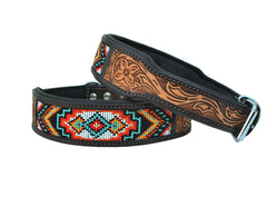 Western Style Beaded and Tooled Leather Dog Collar With Padded Soft Lining 10AB002