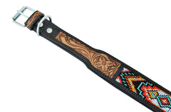 Western Style Beaded and Tooled Leather Dog Collar With Padded Soft Lining 10AB002