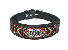 Western Style Beaded and Tooled Leather Dog Collar With Padded Soft Lining 10AB002