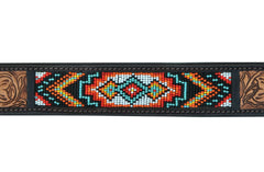 Western Style Beaded and Tooled Leather Dog Collar With Padded Soft Lining 10AB002