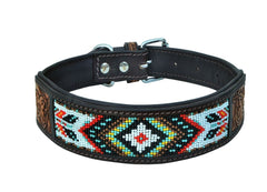 Western Style Beaded and Tooled Leather Dog Collar With Padded Soft Lining 10AB003