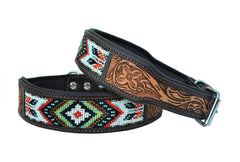 Western Style Beaded and Tooled Leather Dog Collar With Padded Soft Lining 10AB003