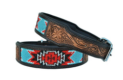 Western Style Beaded and Tooled Leather Dog Collar With Padded Soft Lining 10AB008