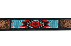 Western Style Beaded and Tooled Leather Dog Collar With Padded Soft Lining 10AB008