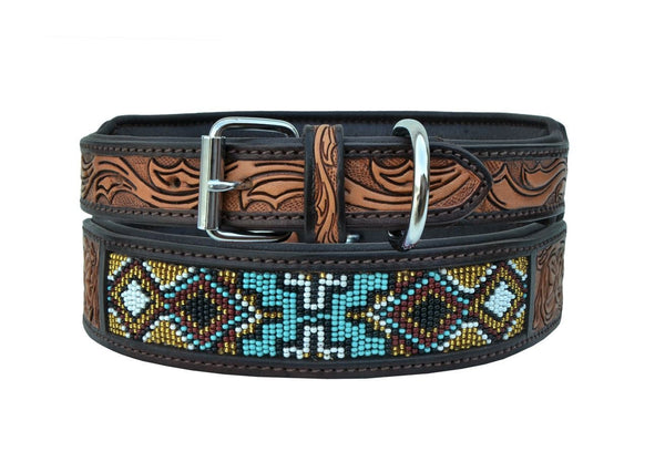 Western Style Beaded and Tooled Leather Dog Collar With Padded Soft Lining 10AB018