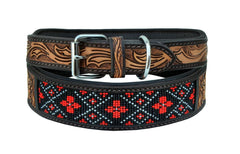 Western Style Beaded and Tooled Leather Dog Collar With Padded Soft Lining 10AB005