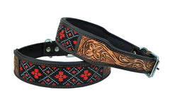 Western Style Beaded and Tooled Leather Dog Collar With Padded Soft Lining 10AB005