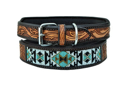 Western Style Beaded and Tooled Leather Dog Collar With Padded Soft Lining 10AB006