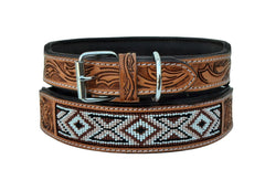 Western Style Beaded and Tooled Leather Dog Collar With Padded Soft Lining 10AB007