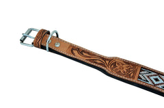 Western Style Beaded and Tooled Leather Dog Collar With Padded Soft Lining 10AB007