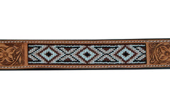 Western Style Beaded and Tooled Leather Dog Collar With Padded Soft Lining 10AB007