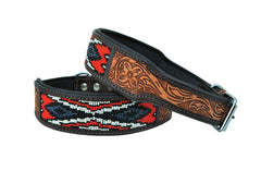 Western Style Beaded and Tooled Leather Dog Collar With Padded Soft Lining 10AB010