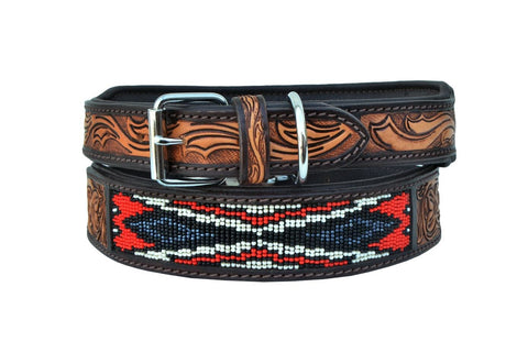 Western Style Beaded and Tooled Leather Dog Collar With Padded Soft Lining 10AB010