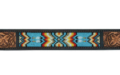 Western Style Beaded and Tooled Leather Dog Collar With Padded Soft Lining 10AB011