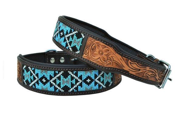 Western Style Beaded and Tooled Leather Dog Collar With Padded Soft Lining 10AB012